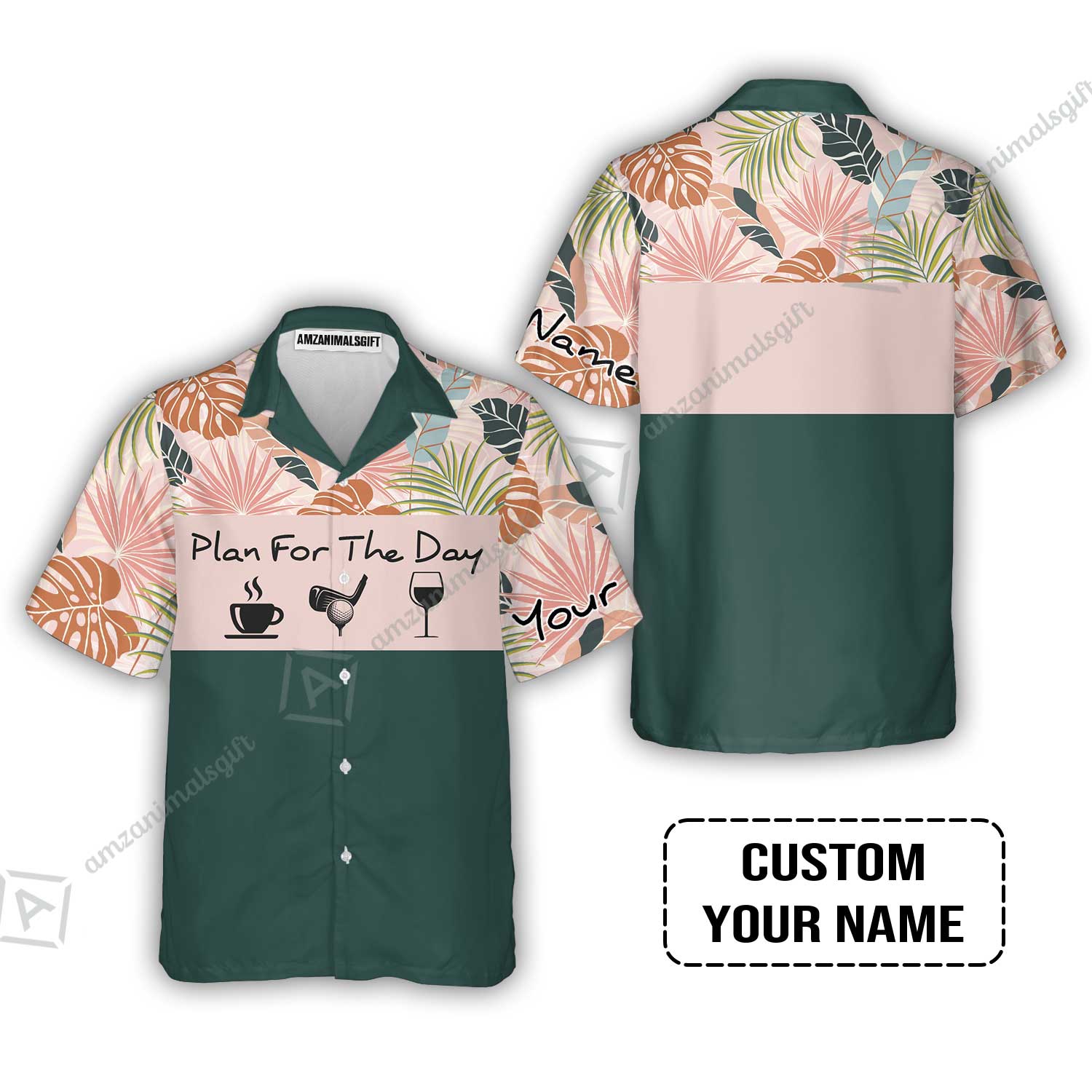Golf Hawaiian Shirt - Custom Name Tropical Leaves Floral Apparel - Plan For The Day Coffee Golf Wine