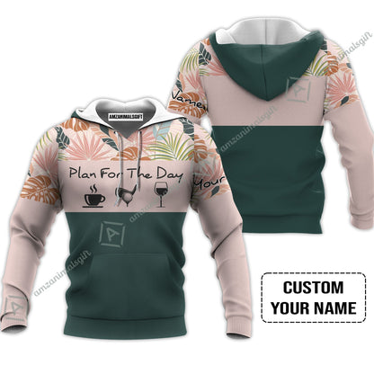 Golf T-Shirt - Custom Name Tropical Leaves Floral Apparel - Plan For The Day Coffee Golf Wine