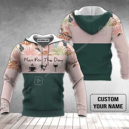 Golf Hoodie - Custom Name Tropical Leaves Floral Apparel - Plan For The Day Coffee Golf Wine