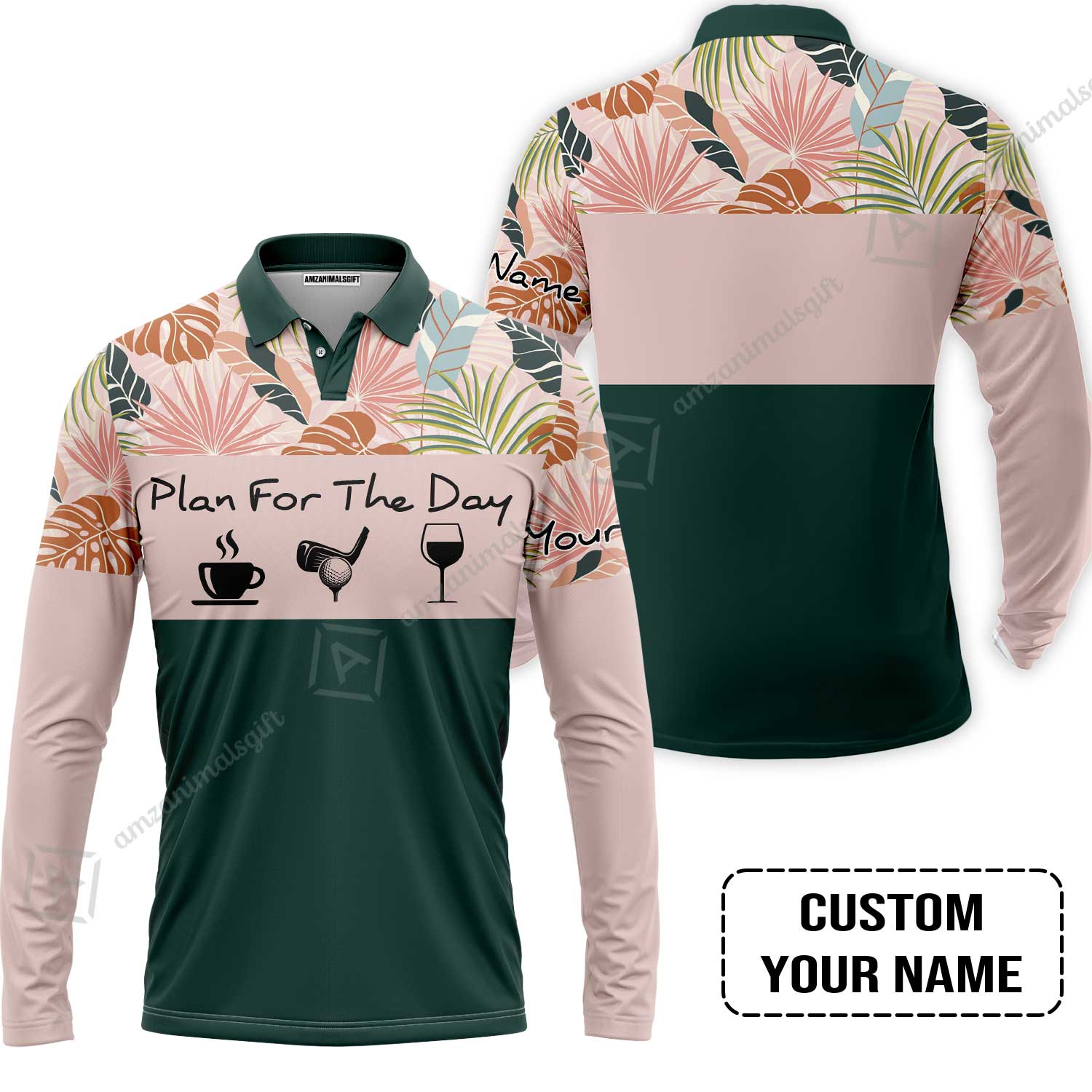 Long Sleeve Men Polo Shirt - Custom Name Tropical Leaves Floral Apparel - Plan For The Day Coffee Golf Wine