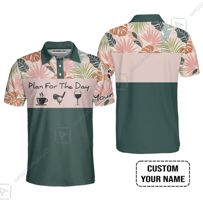 Long Sleeve Men Polo Shirt - Custom Name Tropical Leaves Floral Apparel - Plan For The Day Coffee Golf Wine