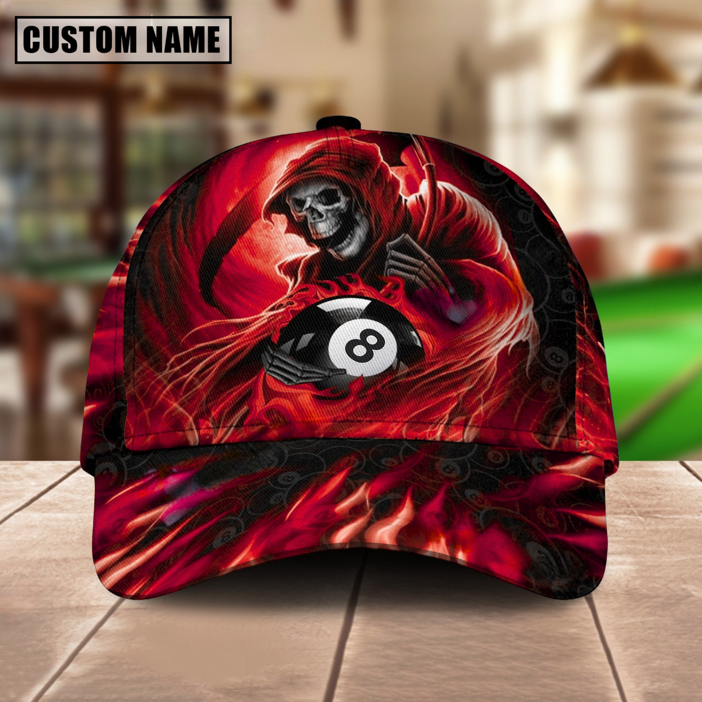 Customized Billiard Cap, Billiard Pool Ball 8 Reaper Art Personalized Name 3D Hats, Best Billiard Pool Hat For Billiard Players (4 Colors)
