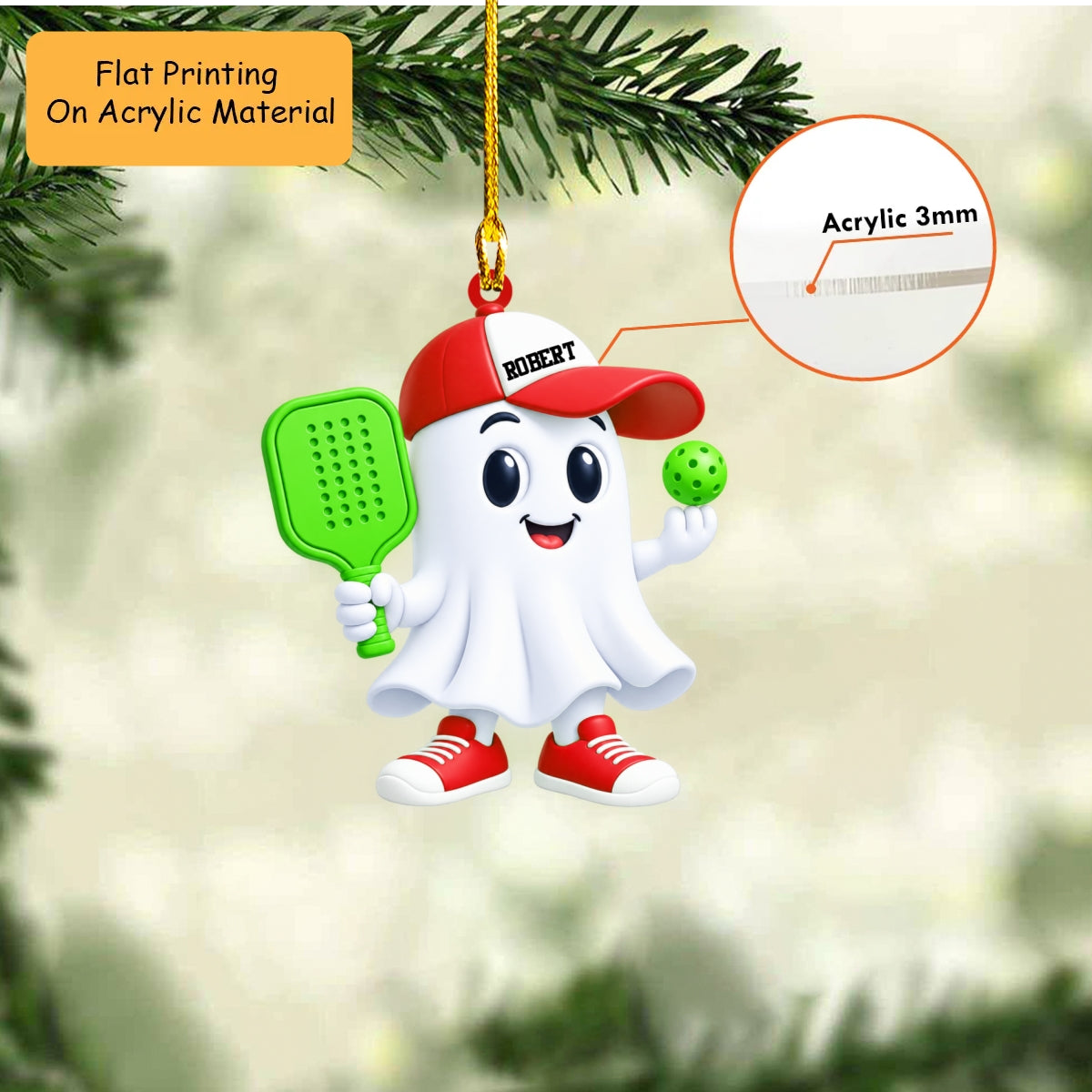 Personalized Pickleball Christmas Ornament, Cute Ghost Holding Paddle And Ball, Custom Ornament Christmas Gift, Keychain Pickleball, Car Ornament Pickleball