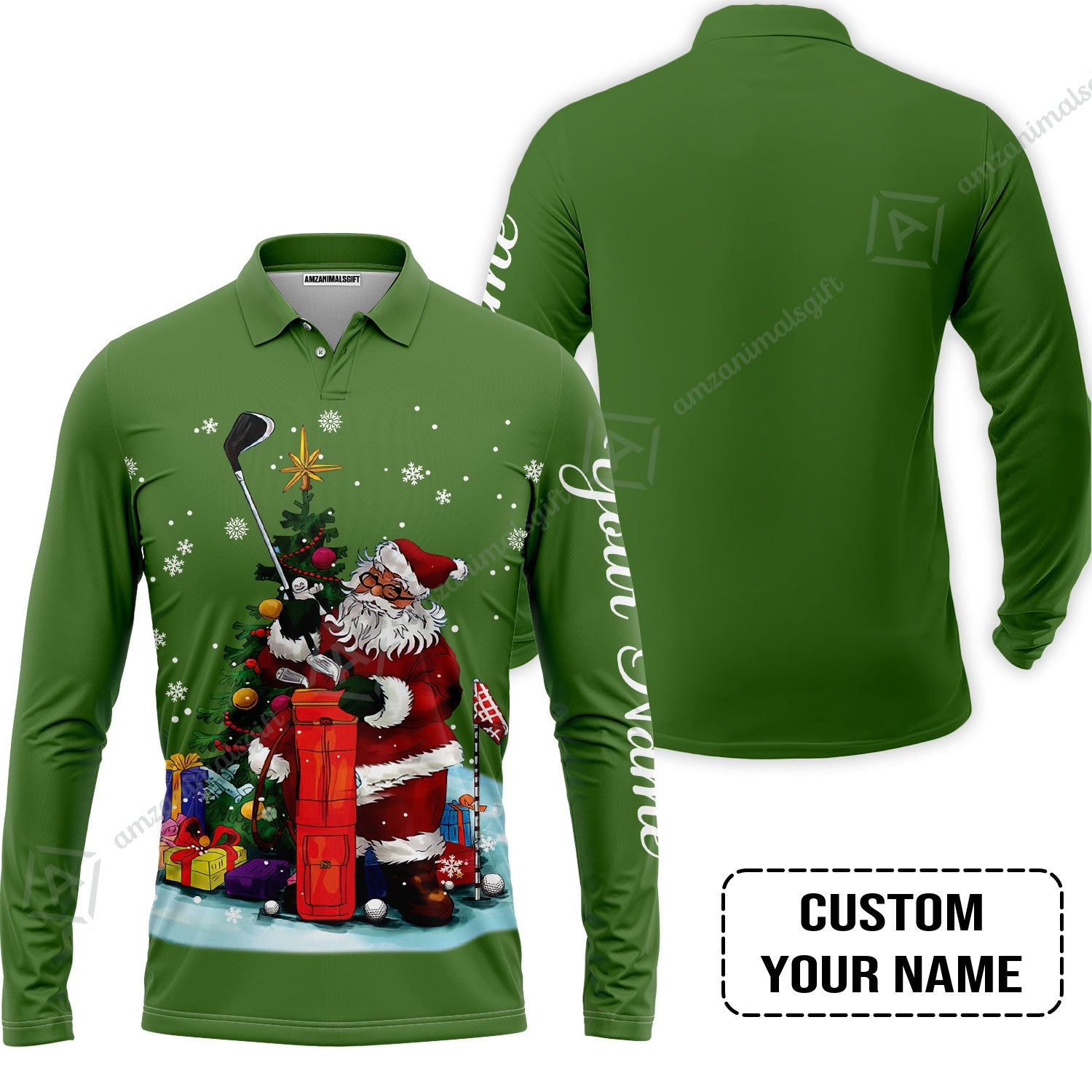 Golf Long Sleeve Men Polo Shirt - Christmas Custom Name, Santa Golfer Apparel - Personalized Gift For Golf Lover