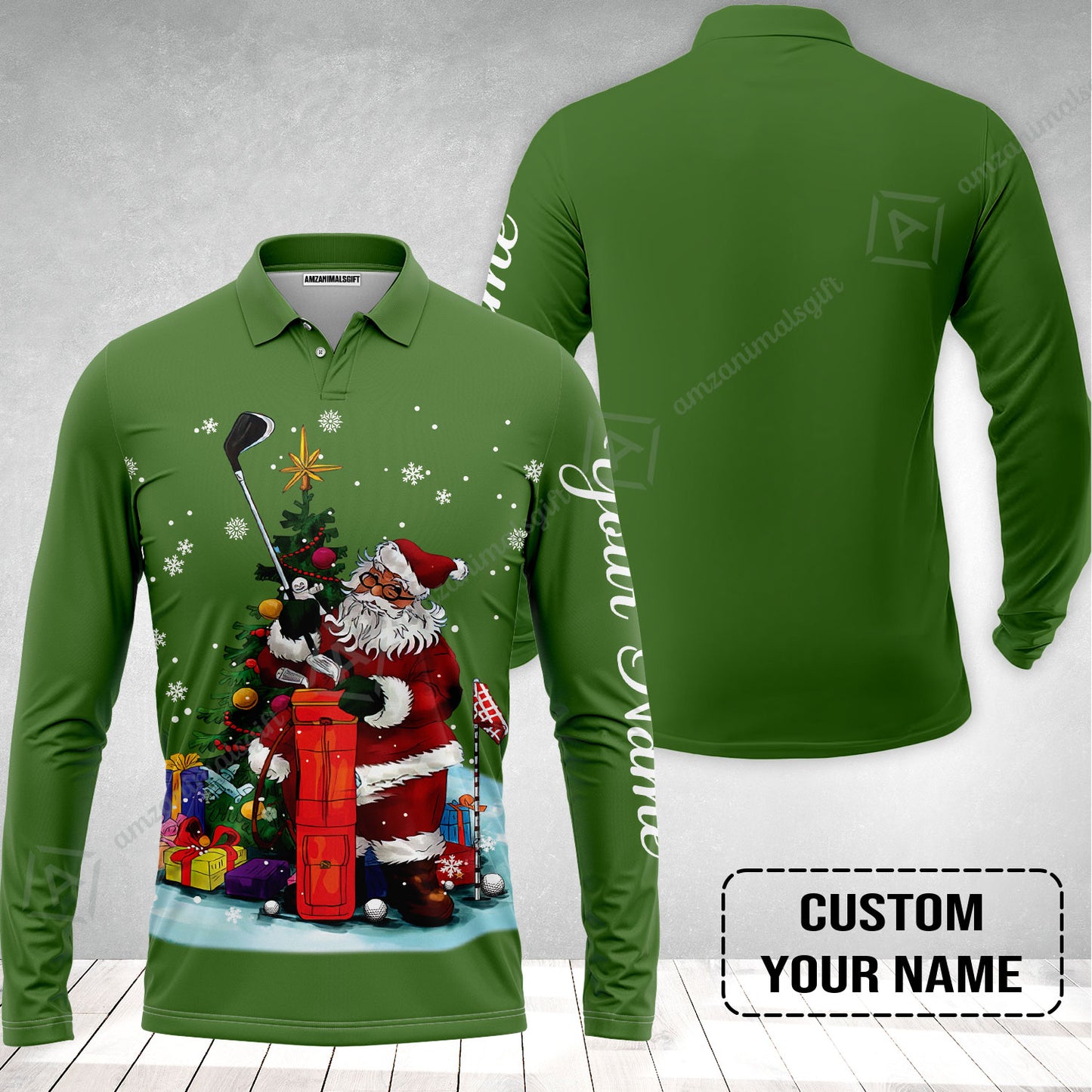 Golf Long Sleeve Men Polo Shirt - Christmas Custom Name, Santa Golfer Apparel - Personalized Gift For Golf Lover