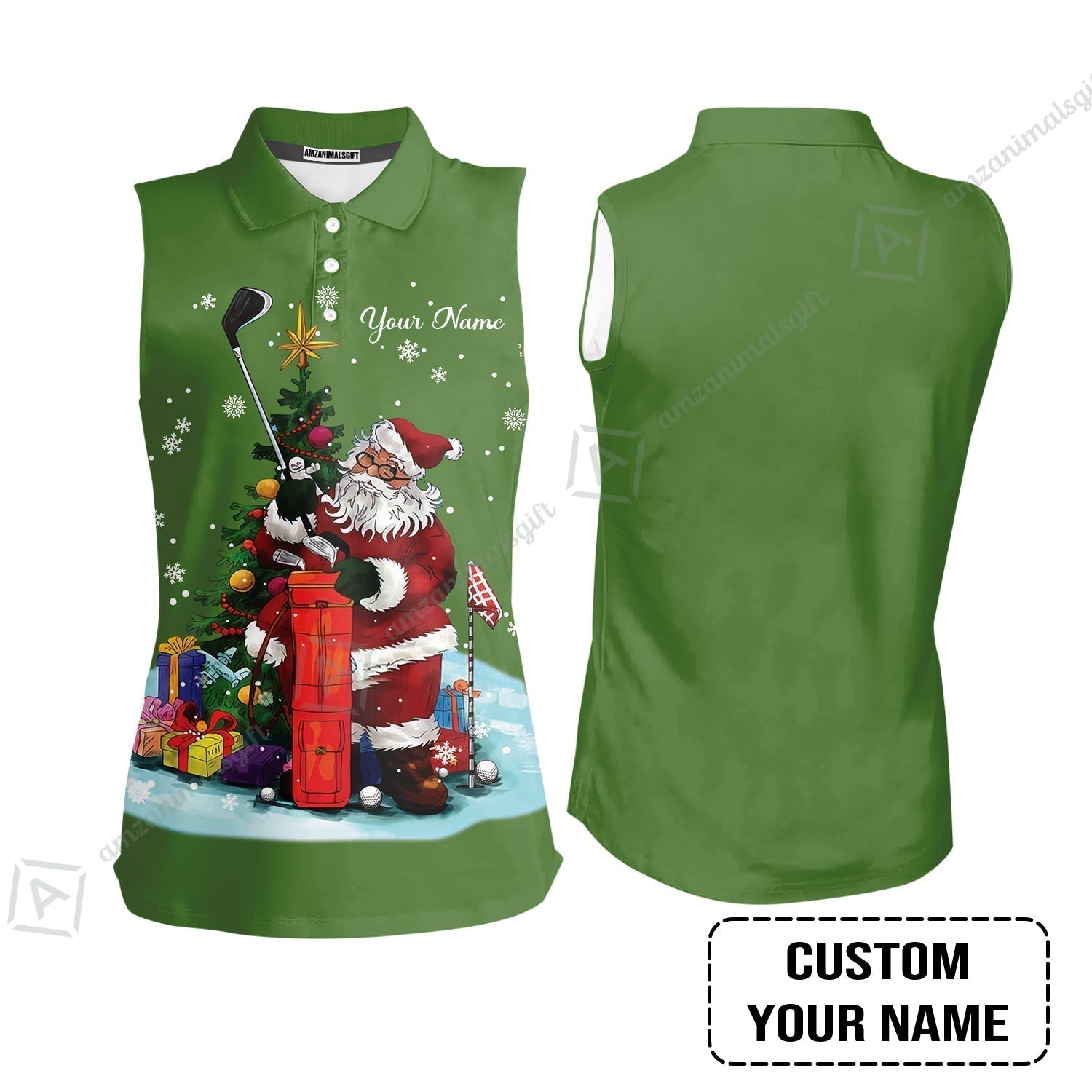 Golf Women Sleeveless Polo Shirt - Christmas Custom Name, Santa Golfer Apparel - Personalized Gift For Golf Lover