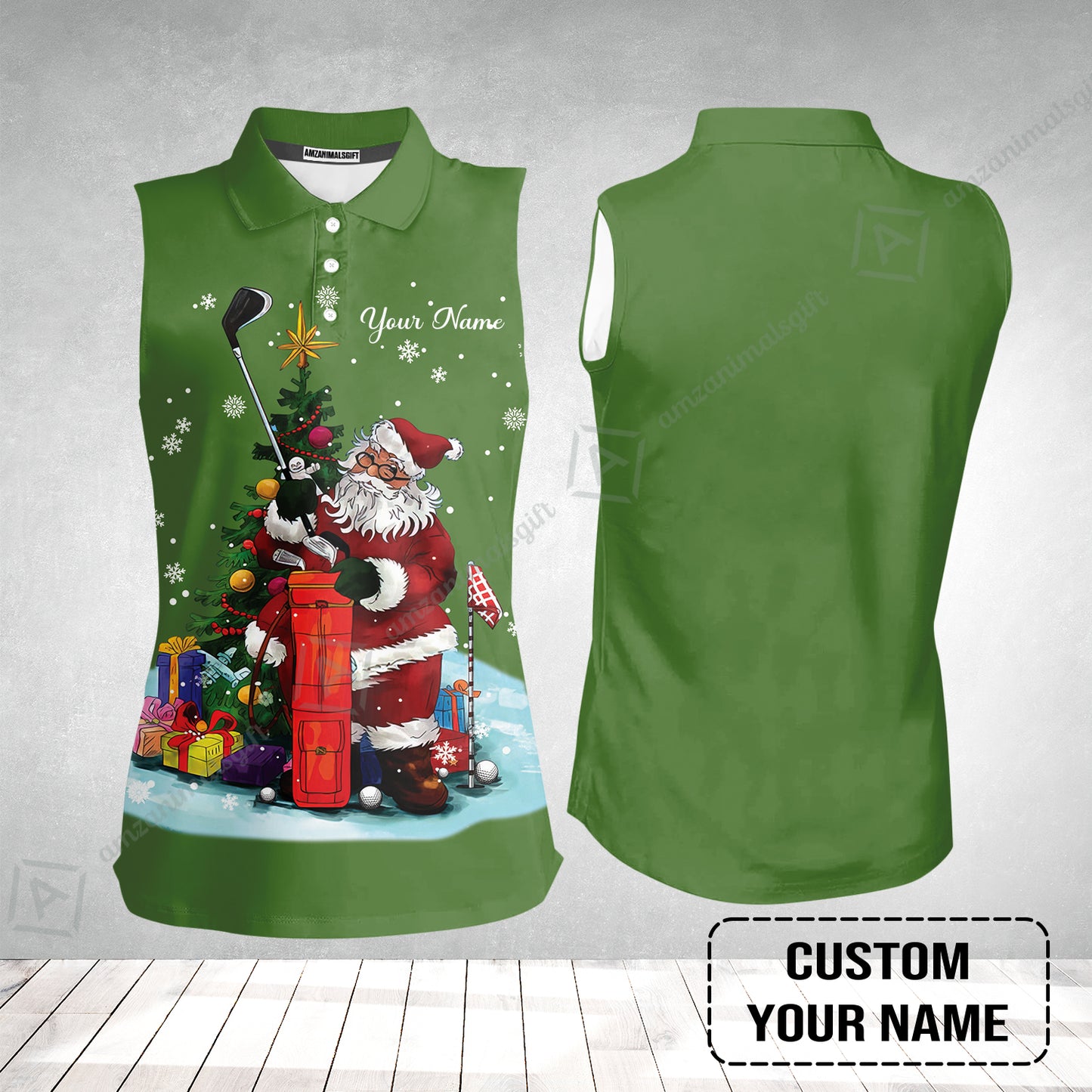 Golf Women Sleeveless Polo Shirt - Christmas Custom Name, Santa Golfer Apparel - Personalized Gift For Golf Lover