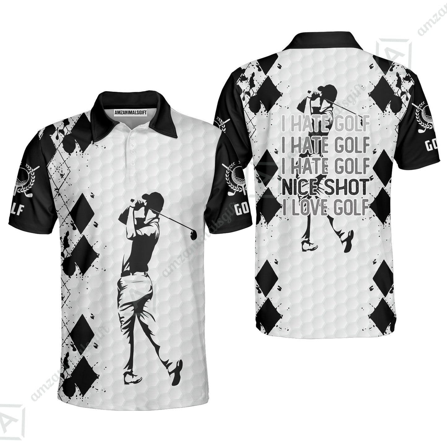 Golf Zip Polo Shirt -  I Hate Golf Nice Shot I Love Golf Zip Polo Shirt