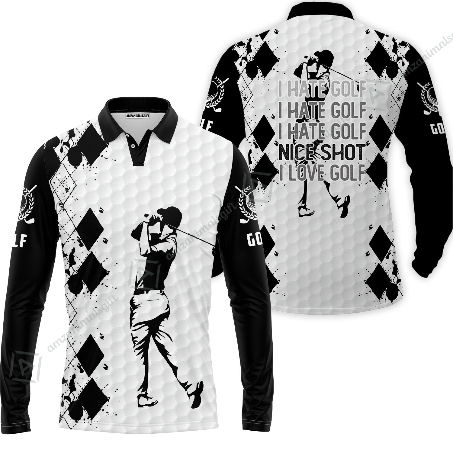 Golf Men Long Polo Shirt -  I Hate Golf Nice Shot I Love Golf Long Polo Shirt