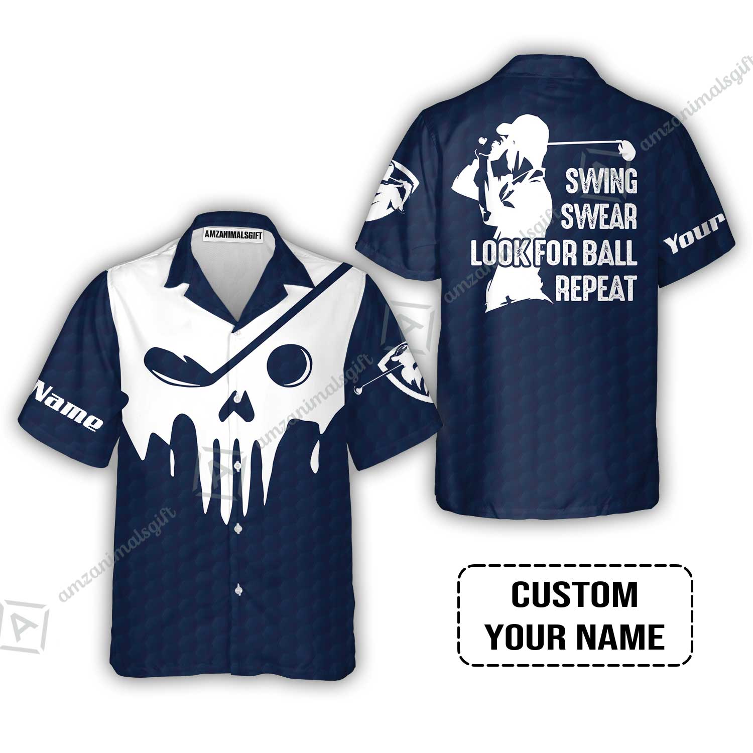 Golf Hawaiian Shirt - Custom Name Golf Skull - Swing Swear Look For Ball Repeat Hawaiian Shirt