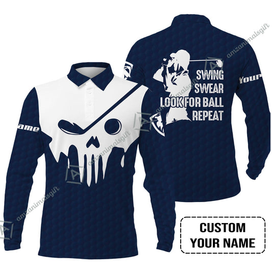 Golf Long Sleeve Men Polo Shirt - Custom Name Golf Skull - Swing Swear Look For Ball Repeat Long Sleeve Men Polo Shirt