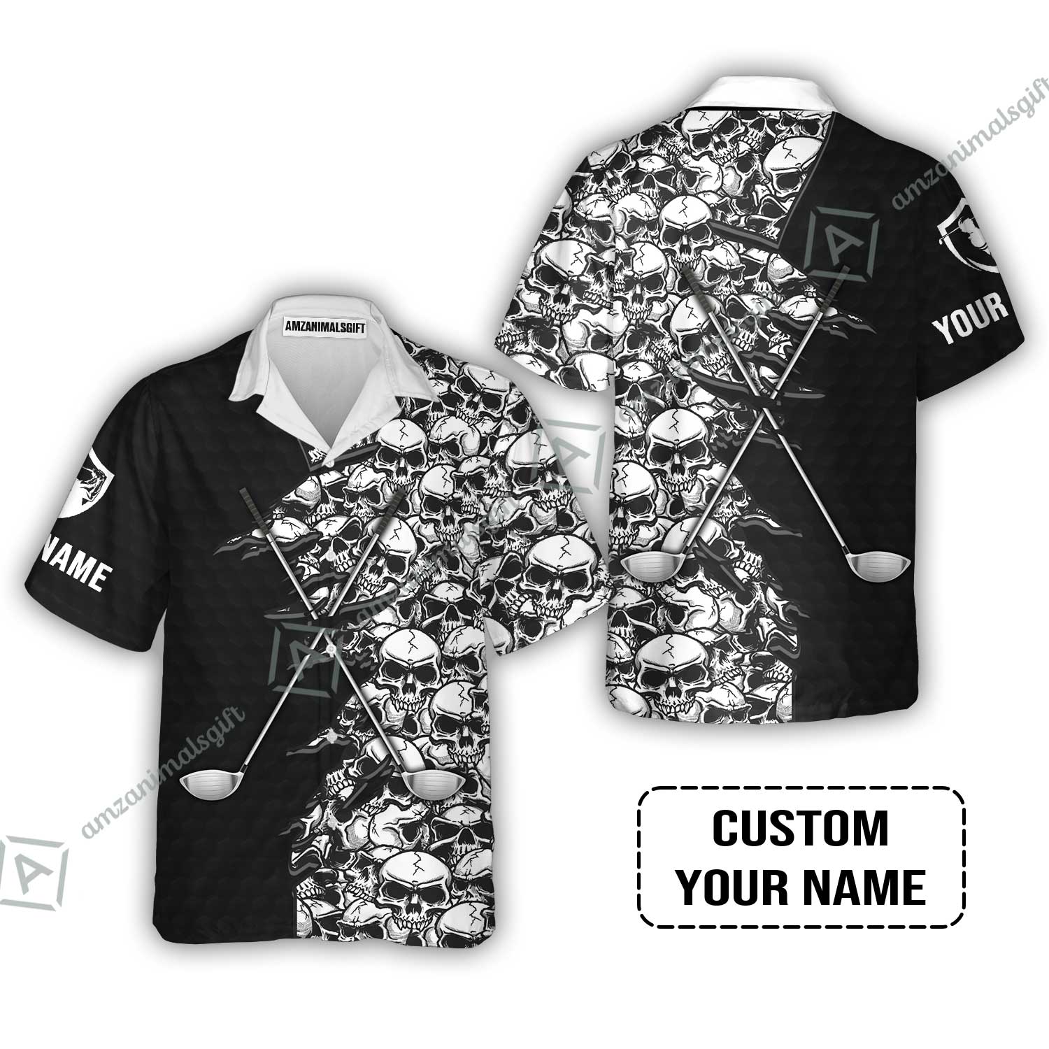 Golf Hawaiian Shirt, Pattern Skull Golf Clubs Performance Custom Name Apparel - Personalized Sports Gift For Men, Golf Lovers