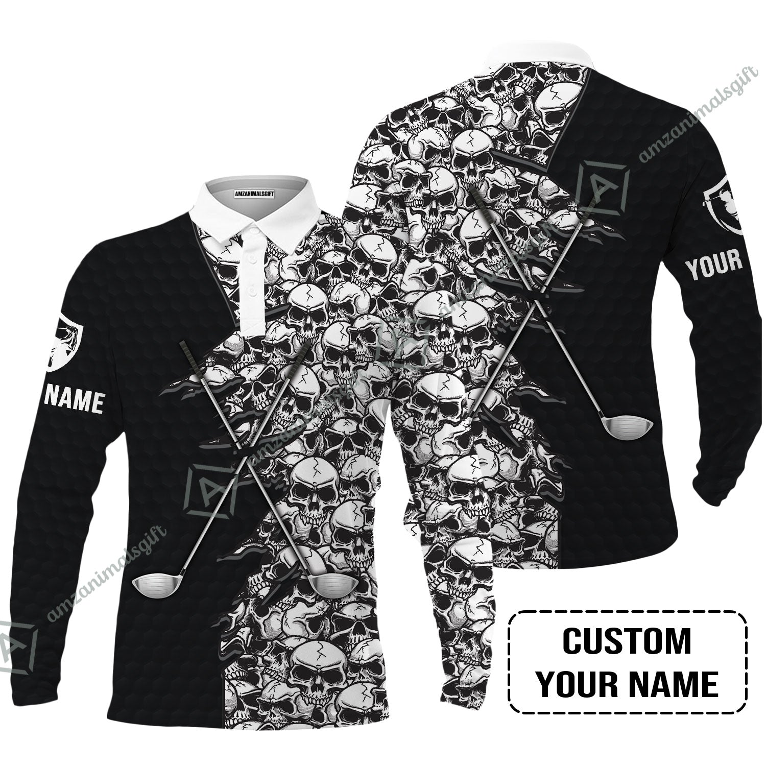 Golf Long Sleeve Men Polo Shirt, Pattern Skull Golf Clubs Performance Custom Name Apparel - Personalized Sports Gift For Men, Golf Lovers
