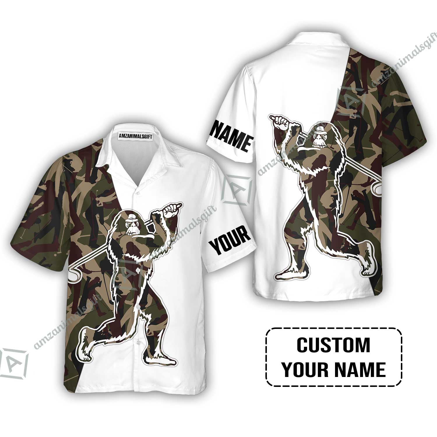 Custom Golf Hawaiian Shirt - Funny Bigfoot Golf Hawaiian Shirt, Camo Pattern Custom Name Sasquatch Playing Golf Apparel
