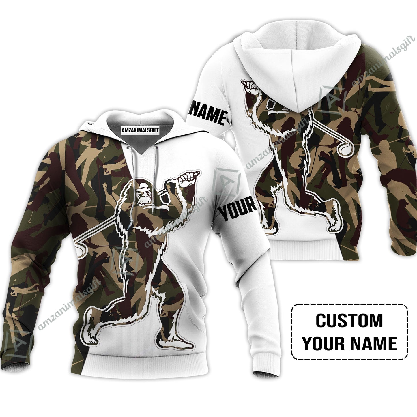 Custom Golf Hoodie - Funny Bigfoot Golf Hoodie, Camo Pattern Custom Name Sasquatch Playing Golf Apparel