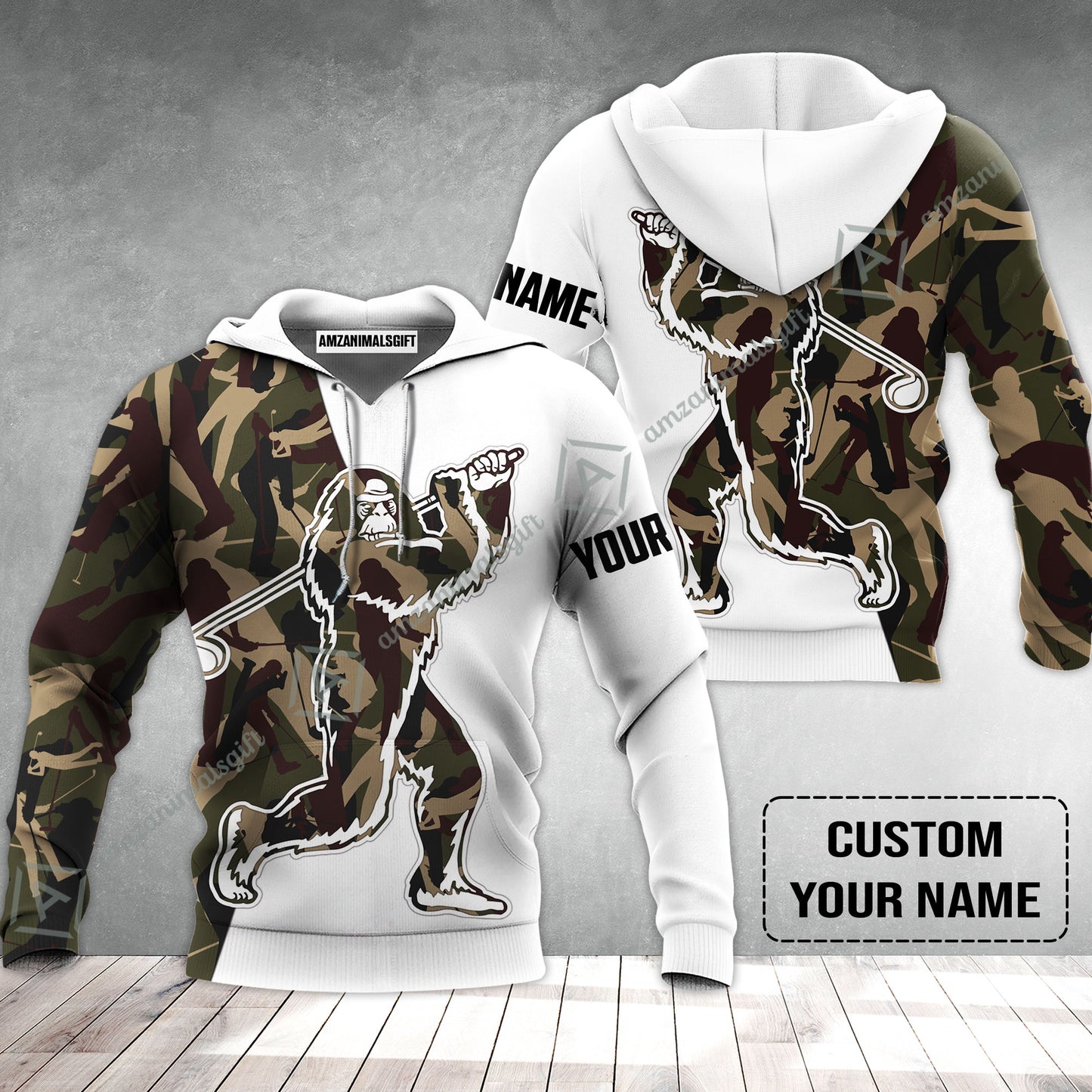 Custom Golf Hoodie - Funny Bigfoot Golf Hoodie, Camo Pattern Custom Name Sasquatch Playing Golf Apparel