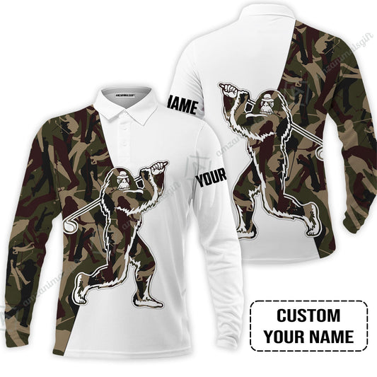 Custom Golf Long Sleeve Men Polo Shirt - Funny Bigfoot Golf Polo Shirts, Camo Pattern Custom Name Sasquatch Playing Golf Apparel