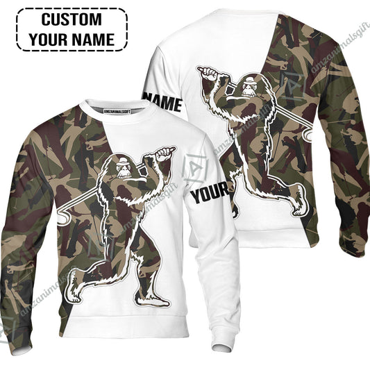 Custom Golf Sweatshirt - Funny Bigfoot Golf Sweatshirt, Camo Pattern Custom Name Sasquatch Playing Golf Apparel