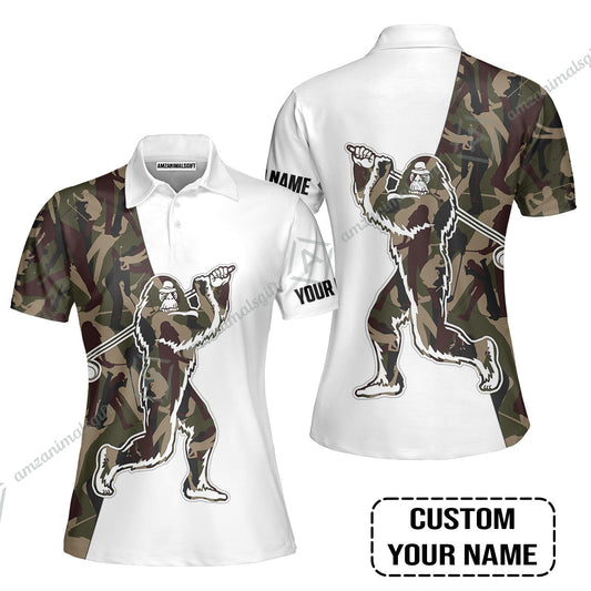 Custom Golf Women Polo Shirt - Funny Bigfoot Golf Polo Shirts, Camo Pattern Custom Name Sasquatch Playing Golf Apparel