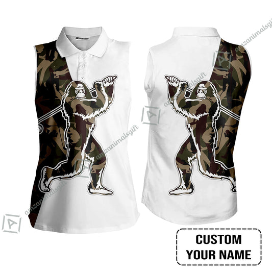 Custom Golf Women Sleeveless Polo Shirt - Funny Bigfoot Golf Polo Shirts, Camo Pattern Custom Name Sasquatch Playing Golf Apparel