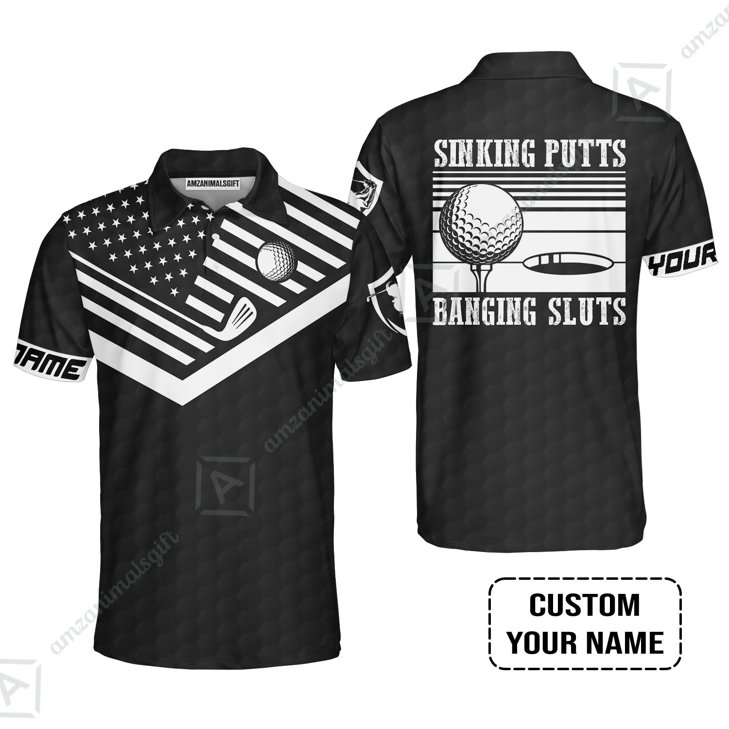 Golf Custom Name Polo Shirt - Sinking Putts Banging Sluts Custom Name, Personalized Black Golf Pattern Polo Shirt