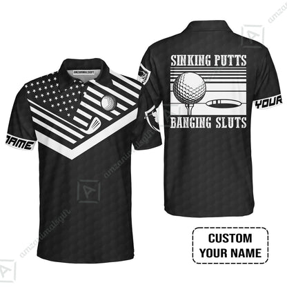 Golf Custom Name Long Polo Shirt- Sinking Putts Banging Sluts Custom Name, Personalized Black Golf Pattern Long Polo Shirt