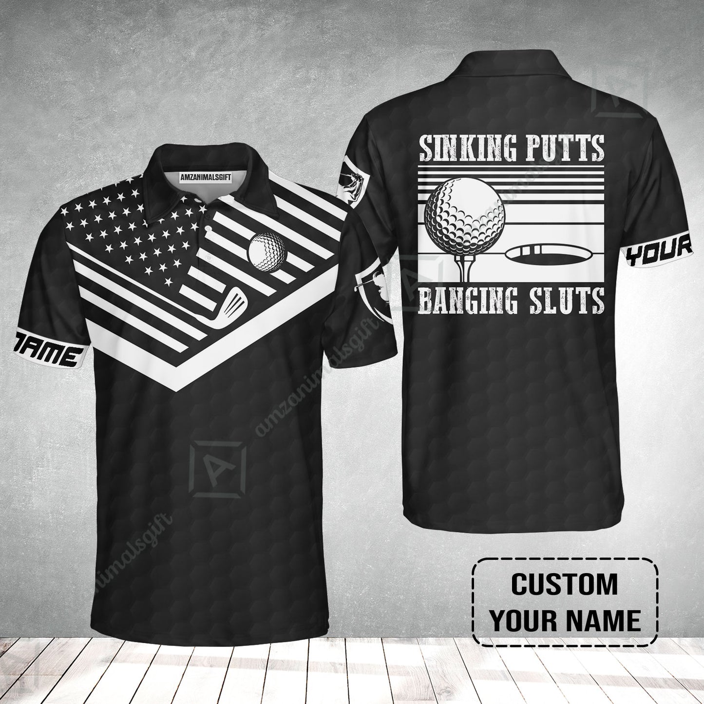 Golf Custom Name Polo Shirt - Sinking Putts Banging Sluts Custom Name, Personalized Black Golf Pattern Polo Shirt