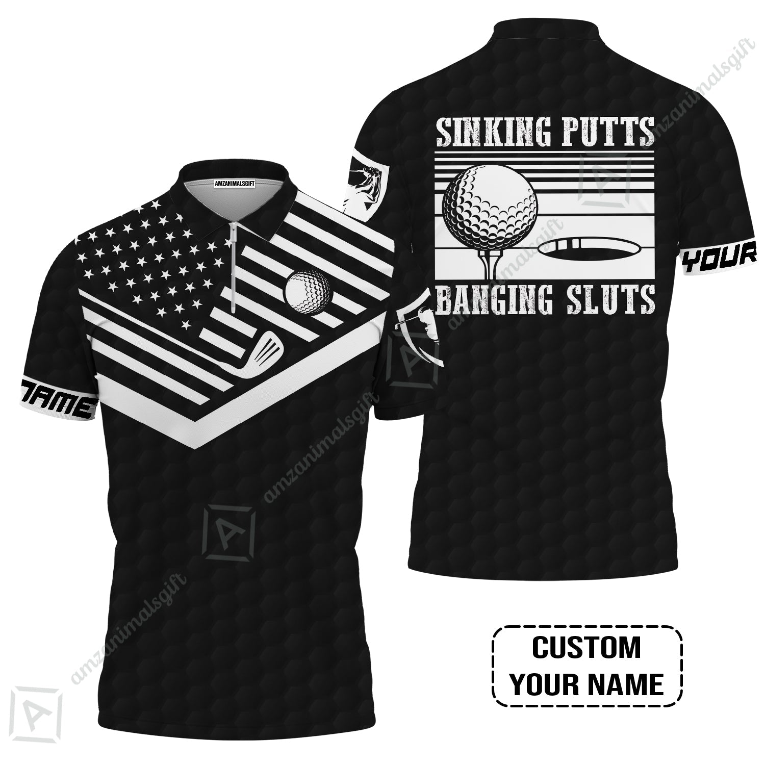 Golf Custom Name Zip Polo Shirt - Sinking Putts Banging Sluts Custom Name, Personalized Black Golf Pattern Zip Polo Shirt