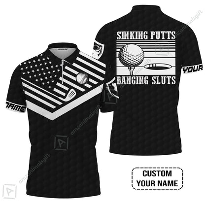 Golf Custom Name Long Polo Shirt- Sinking Putts Banging Sluts Custom Name, Personalized Black Golf Pattern Long Polo Shirt
