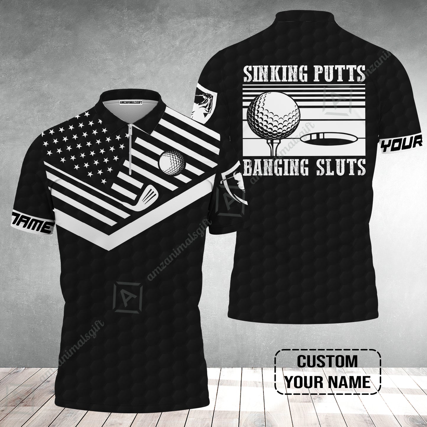 Golf Custom Name Zip Polo Shirt - Sinking Putts Banging Sluts Custom Name, Personalized Black Golf Pattern Zip Polo Shirt