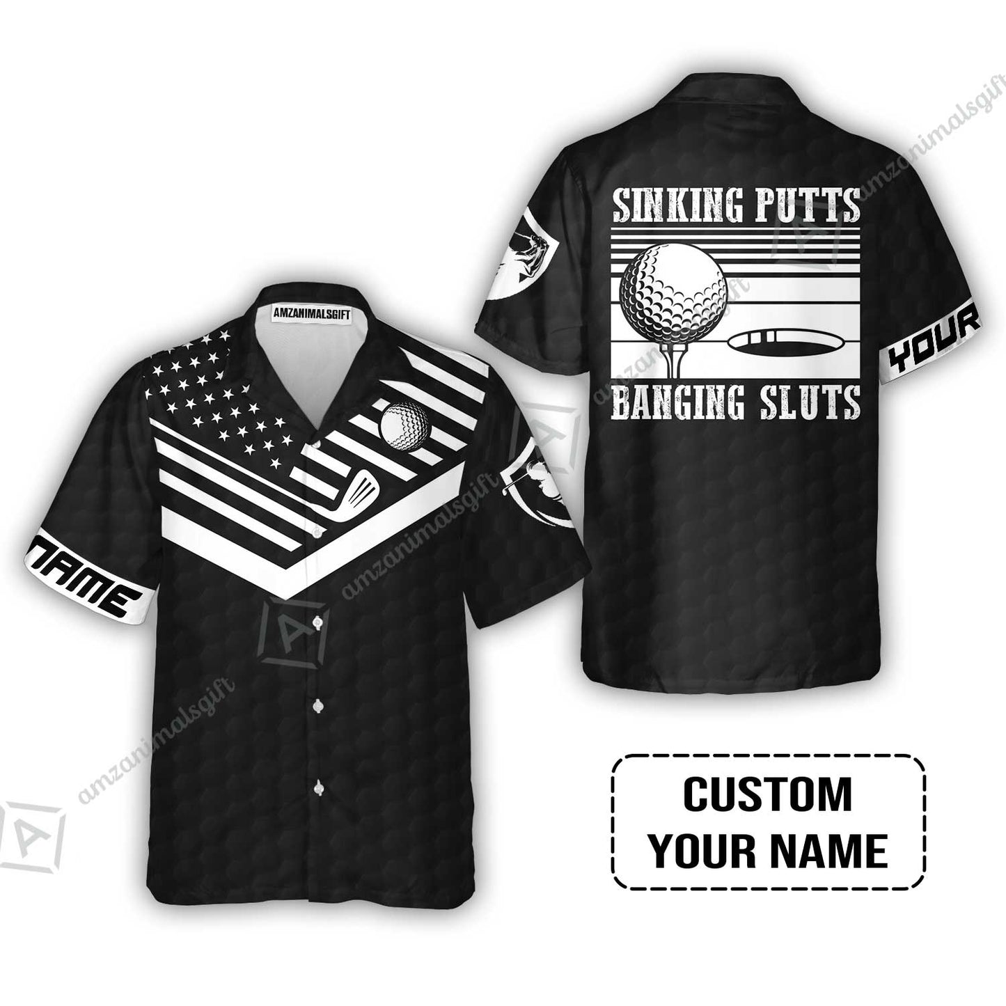 Golf Custom Name Polo Shirt - Sinking Putts Banging Sluts Custom Name, Personalized Black Golf Pattern Polo Shirt