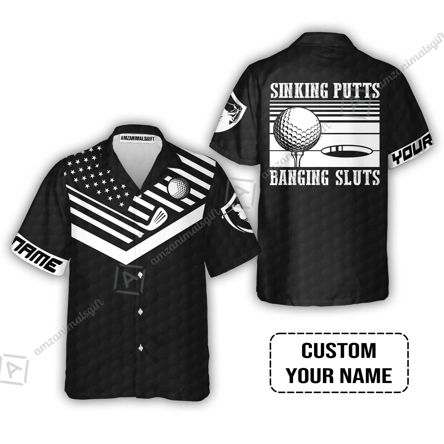 Golf Custom Name Hawaiian Shirt - Sinking Putts Banging Sluts Custom Name, Personalized Black Golf Pattern Hawaiian Shirt