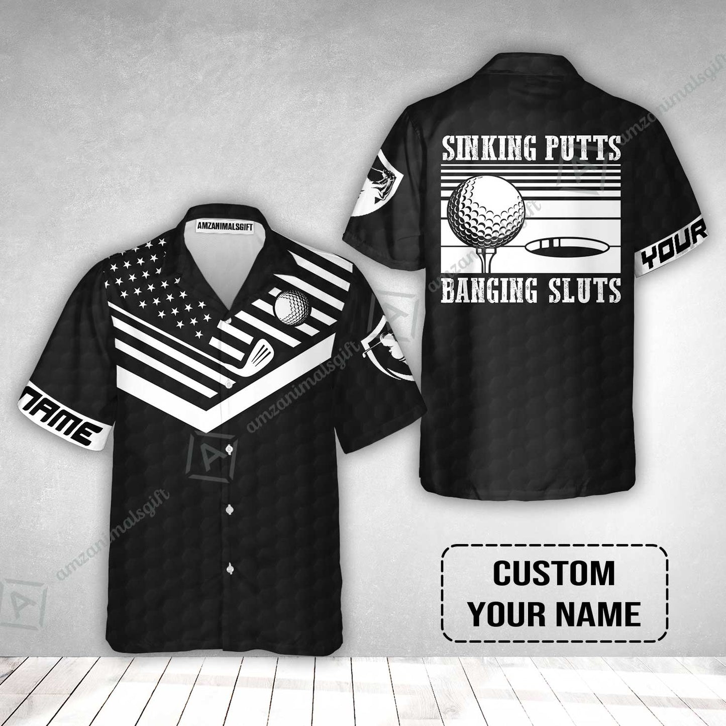 Golf Custom Name Hawaiian Shirt - Sinking Putts Banging Sluts Custom Name, Personalized Black Golf Pattern Hawaiian Shirt