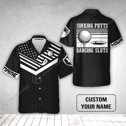 Golf Custom Name Hawaiian Shirt - Sinking Putts Banging Sluts Custom Name, Personalized Black Golf Pattern Hawaiian Shirt