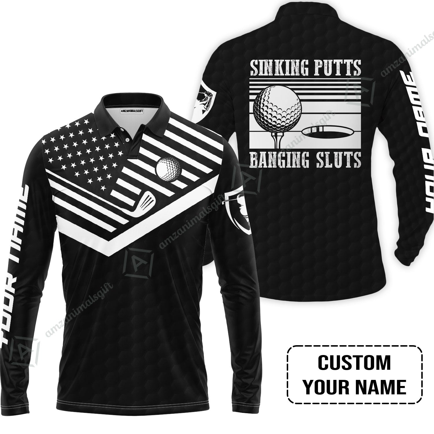 Golf Custom Name Long Polo Shirt- Sinking Putts Banging Sluts Custom Name, Personalized Black Golf Pattern Long Polo Shirt