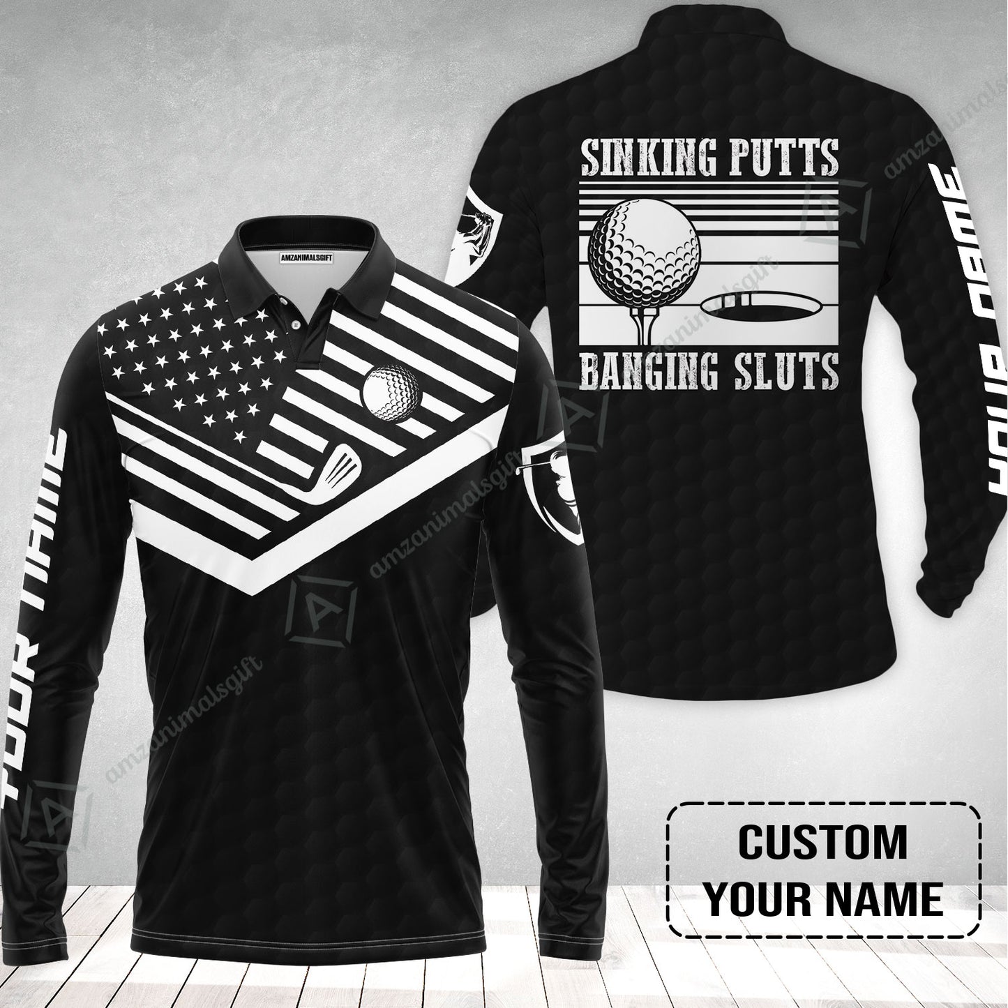 Golf Custom Name Long Polo Shirt- Sinking Putts Banging Sluts Custom Name, Personalized Black Golf Pattern Long Polo Shirt
