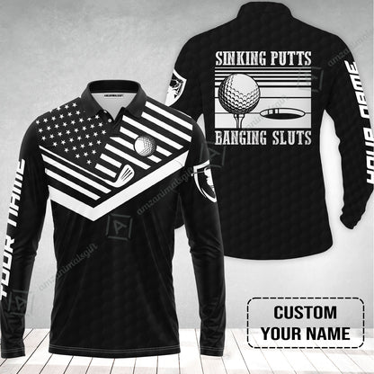 Golf Custom Name Long Polo Shirt- Sinking Putts Banging Sluts Custom Name, Personalized Black Golf Pattern Long Polo Shirt