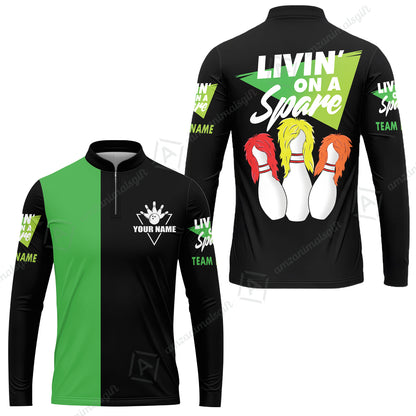 Bowling Men's Long Sleeve Jersey Shirt Custom Name - Bowling Livin' On A Spare Personalized Bowling Long Sleeve Polo Shirt