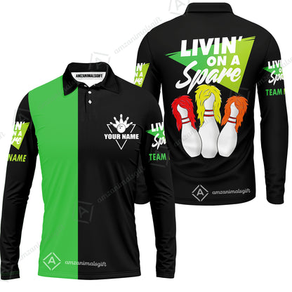 Bowling Men's Long Sleeve Polo Shirt Custom Name - Bowling Livin' On A Spare Personalized Bowling Long Sleeve Polo Shirt