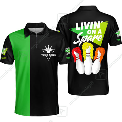 Customized Bowling Quarter-Zip Polo Shirt, Bowling Livin' On A Spare Personalized Quarter-Zip Polo Shirt Uniform For Bowlers