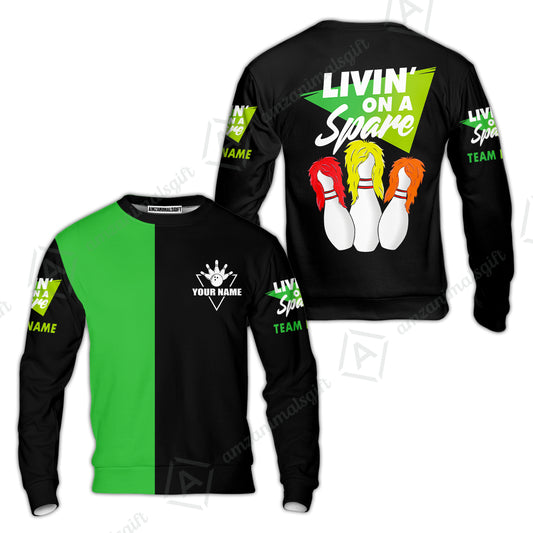 Customized Bowling Team Sweatshirt, Bowling Livin' On A Spare Personalized Sweatshirt Uniform For Bowlers