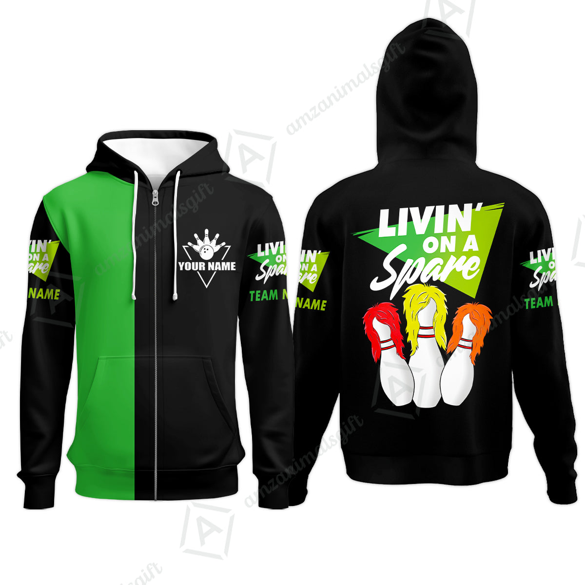 Customized Bowling Team Zip Hoodie, Bowling Livin' On A Spare Personalized Zip Hoodie Uniform For Bowlers