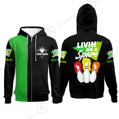 Customized Bowling Team Zip Hoodie, Bowling Livin' On A Spare Personalized Zip Hoodie Uniform For Bowlers