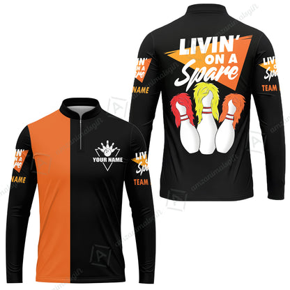 Bowling Men's Long Sleeve Jersey Shirt Custom Name - Bowling Livin' On A Spare Personalized Bowling Long Sleeve Polo Shirt