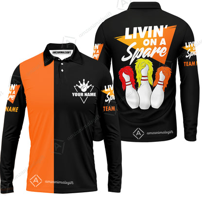 Bowling Men's Long Sleeve Polo Shirt Custom Name - Bowling Livin' On A Spare Personalized Bowling Long Sleeve Polo Shirt