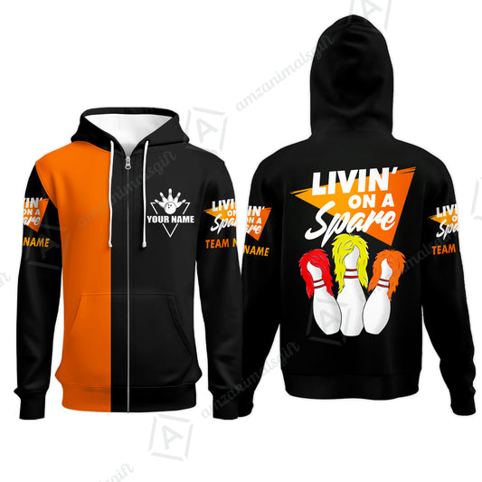 Customized Bowling Team Zip Hoodie, Bowling Livin' On A Spare Personalized Zip Hoodie Uniform For Bowlers