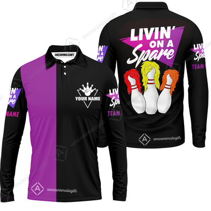 Bowling Men's Long Sleeve Polo Shirt Custom Name - Bowling Livin' On A Spare Personalized Bowling Long Sleeve Polo Shirt