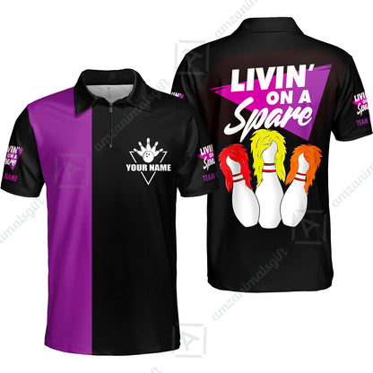 Customized Bowling Quarter-Zip Polo Shirt, Bowling Livin' On A Spare Personalized Quarter-Zip Polo Shirt Uniform For Bowlers