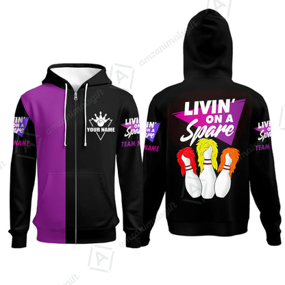 Customized Bowling Team Zip Hoodie, Bowling Livin' On A Spare Personalized Zip Hoodie Uniform For Bowlers