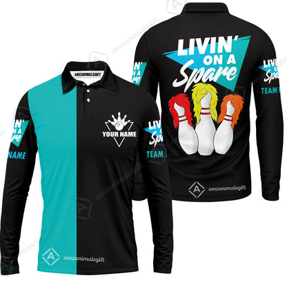 Bowling Men's Long Sleeve Polo Shirt Custom Name - Bowling Livin' On A Spare Personalized Bowling Long Sleeve Polo Shirt